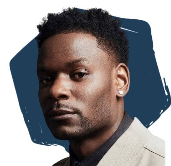 Maurice Edu, Former member, U.S. Men's National Team, in front of a blue hexagon.